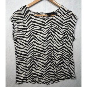 Tahari Animal Print Linen Top Black White Zebra Stripe Sleeveless Women's Medium
